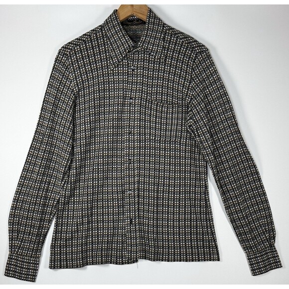 Vintage 70s Pierre Conte France Creation Jersey Shirt Men Size 4 Mod Houndstooth - Picture 1 of 14